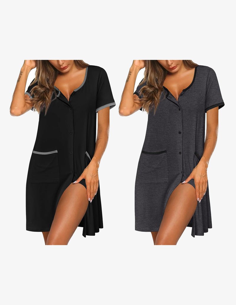 2-pack button-down sleep shirt dress: black and charcoal gray, short sleeves, pocket front.