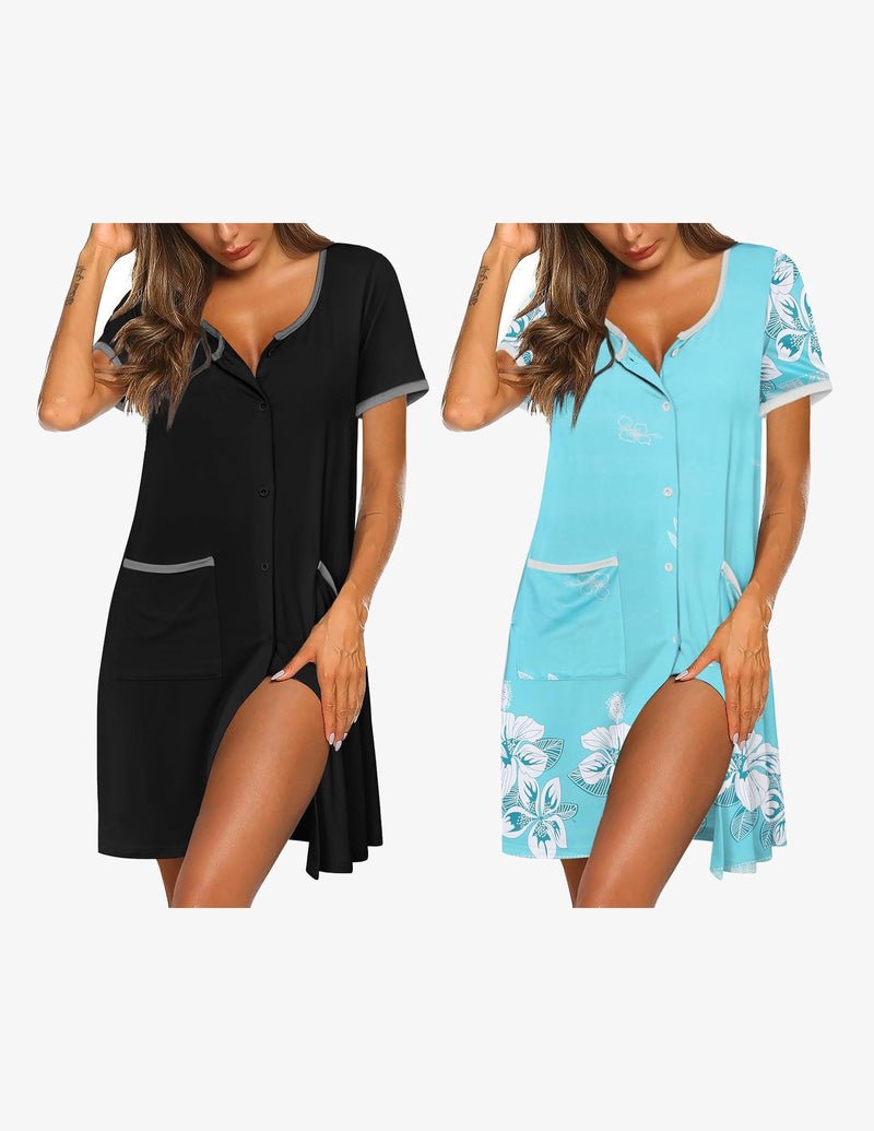 Button-down sleep shirt dress, black with aqua floral print, short sleeves, buttons