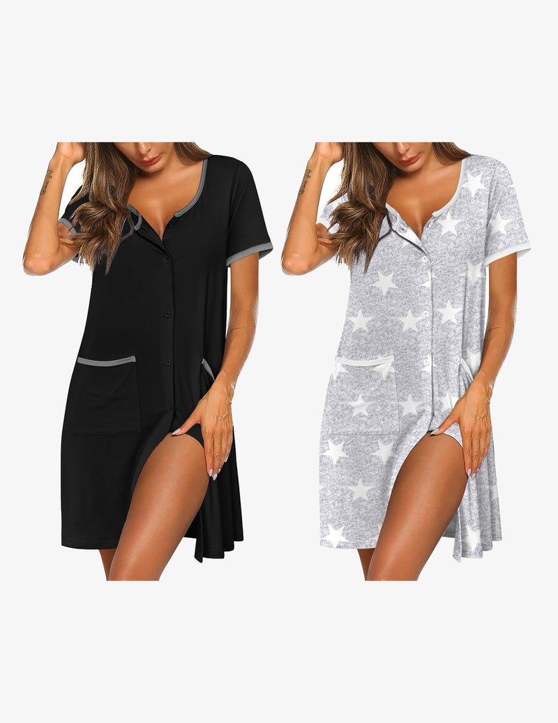 2-pack button-down sleep shirt dress: black and light gray star print, short sleeves, buttons.