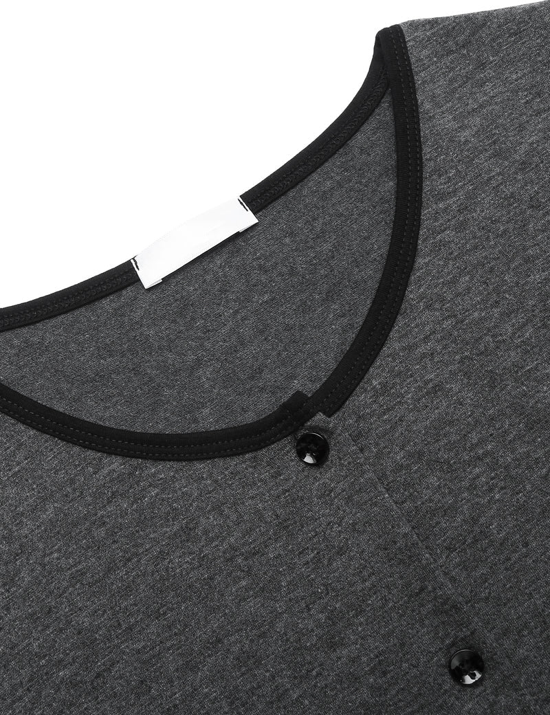 Dark grey sleep shirt dress neckline with black trim and button detail