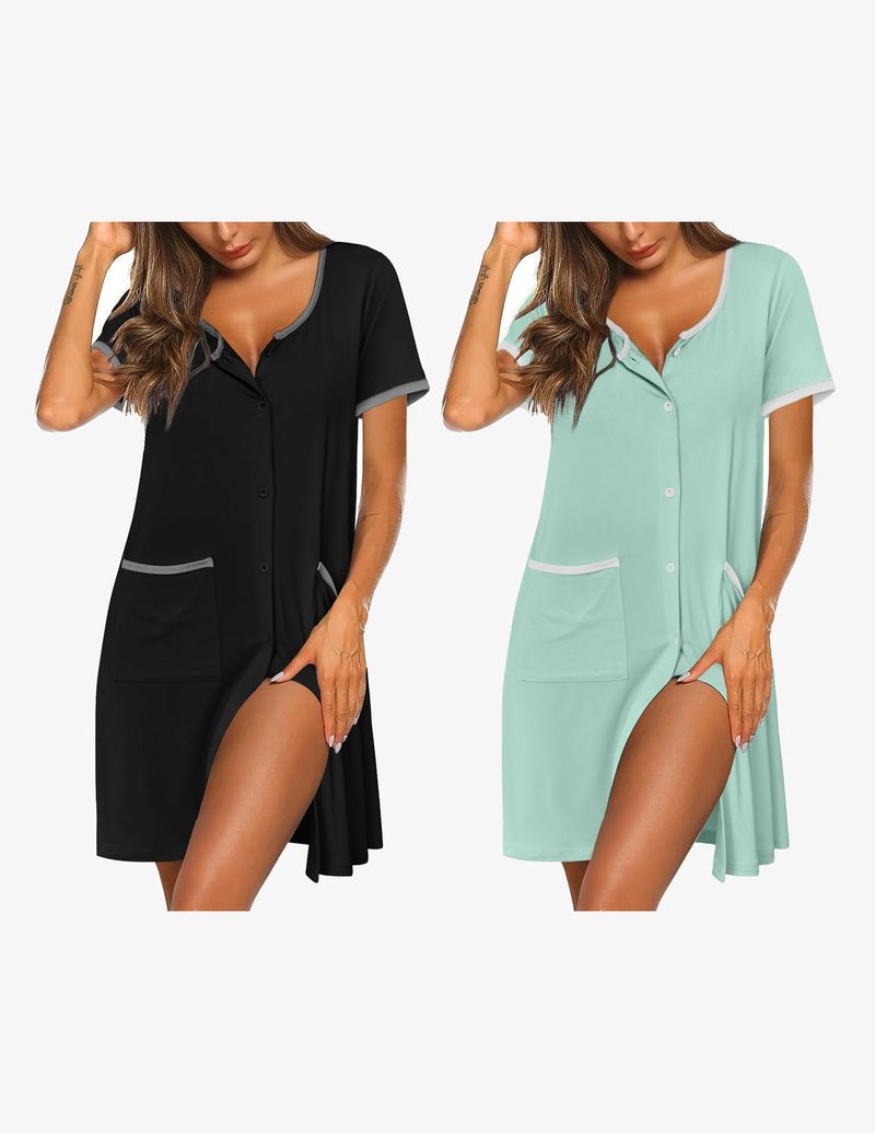 Button-down sleep shirt dress, black with mint floral print, pocket detail