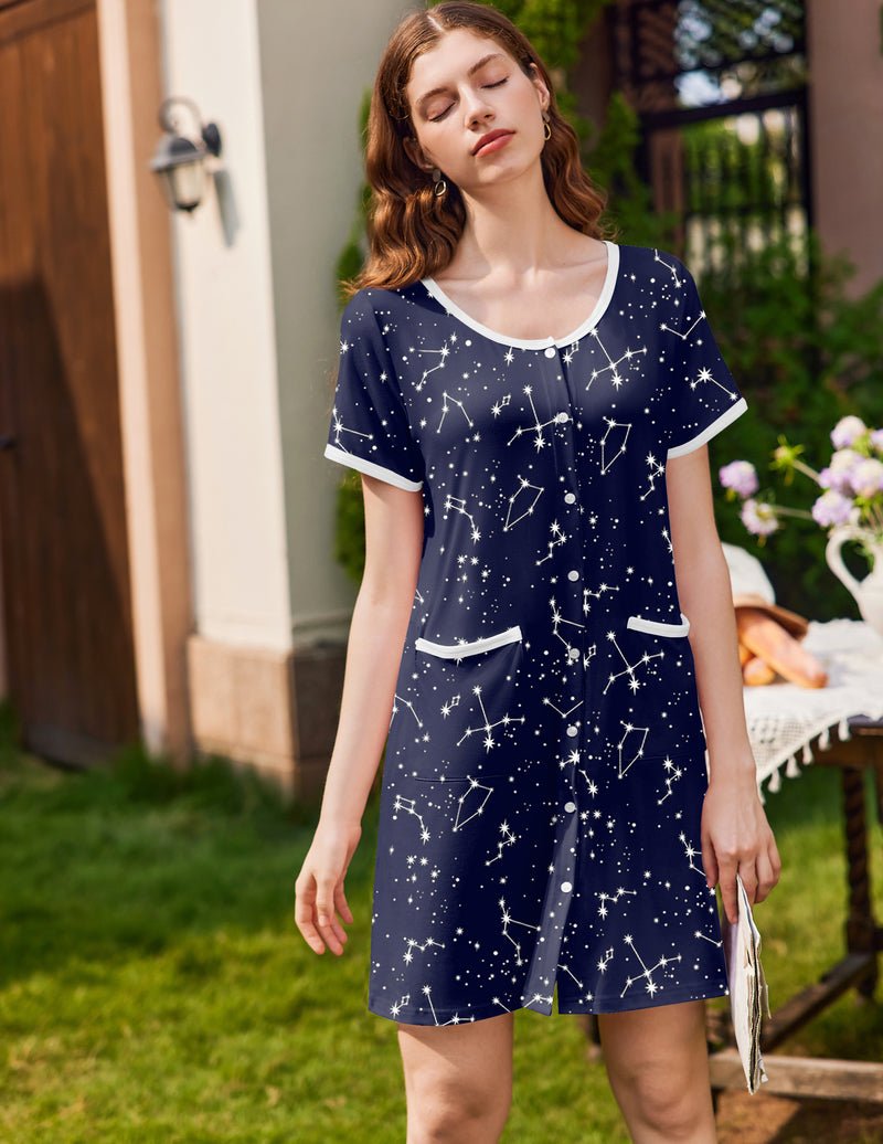 Knopfleiste Sleepshirt-Kleid mit Sternen, dunkelblau, weiß eingefasst und Taschen