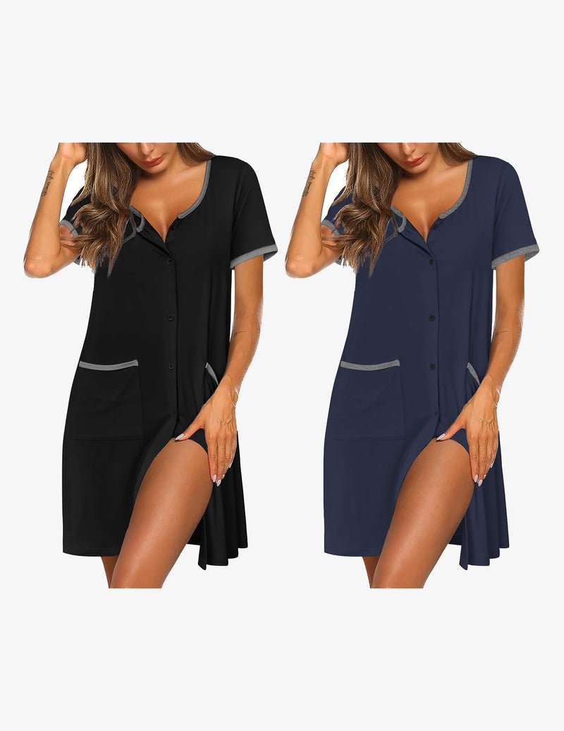 2-pack button-down sleep shirt dress: black and navy blue, short sleeves, front pockets, buttons.