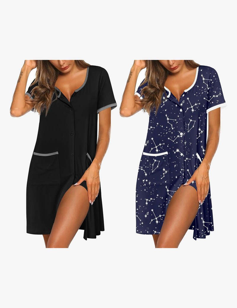 2-pack button-down sleep shirt dress: black and navy star print, short sleeves, button front.