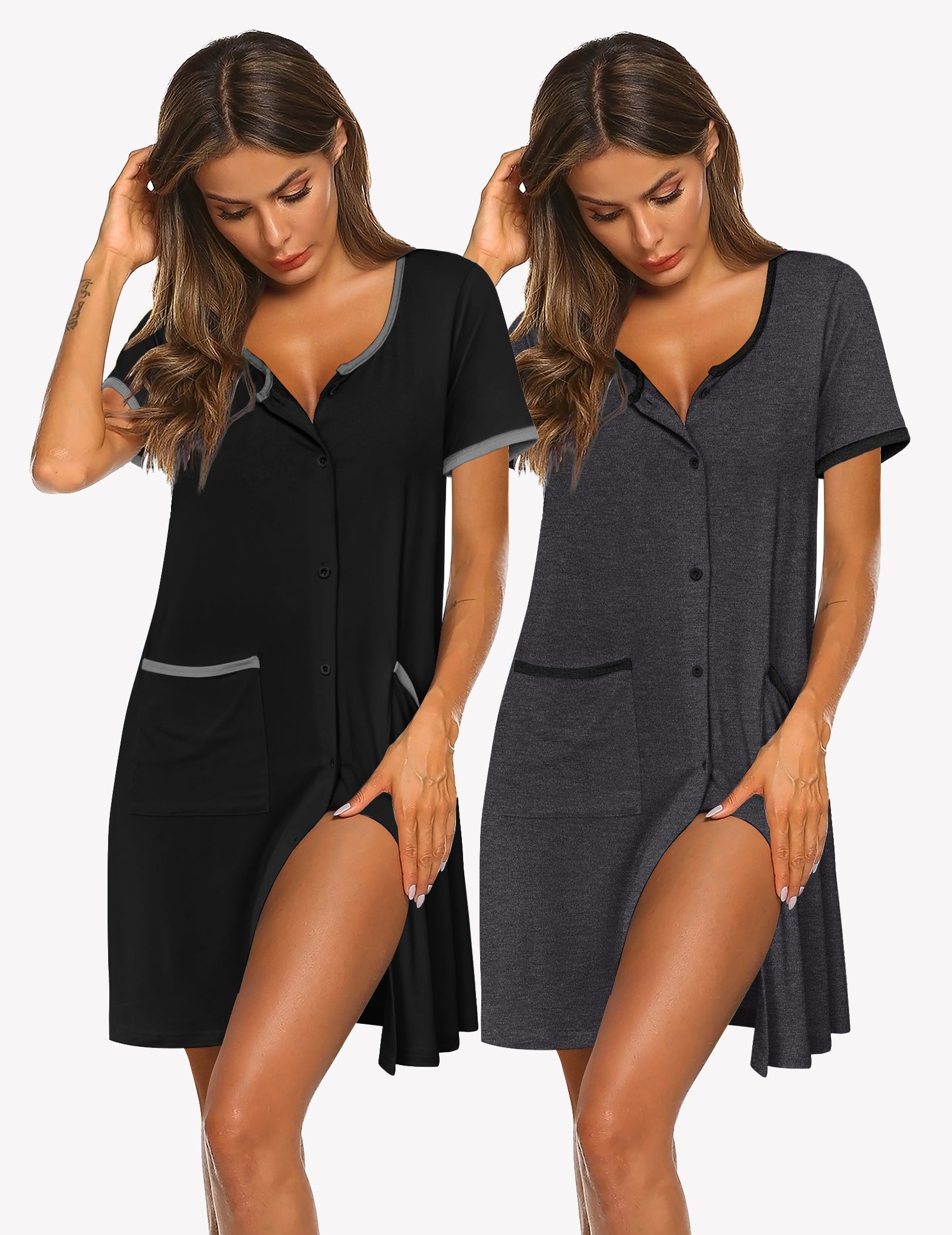 2-pack button-down sleep shirt dress in black and dark gray, short sleeves, pocket front.