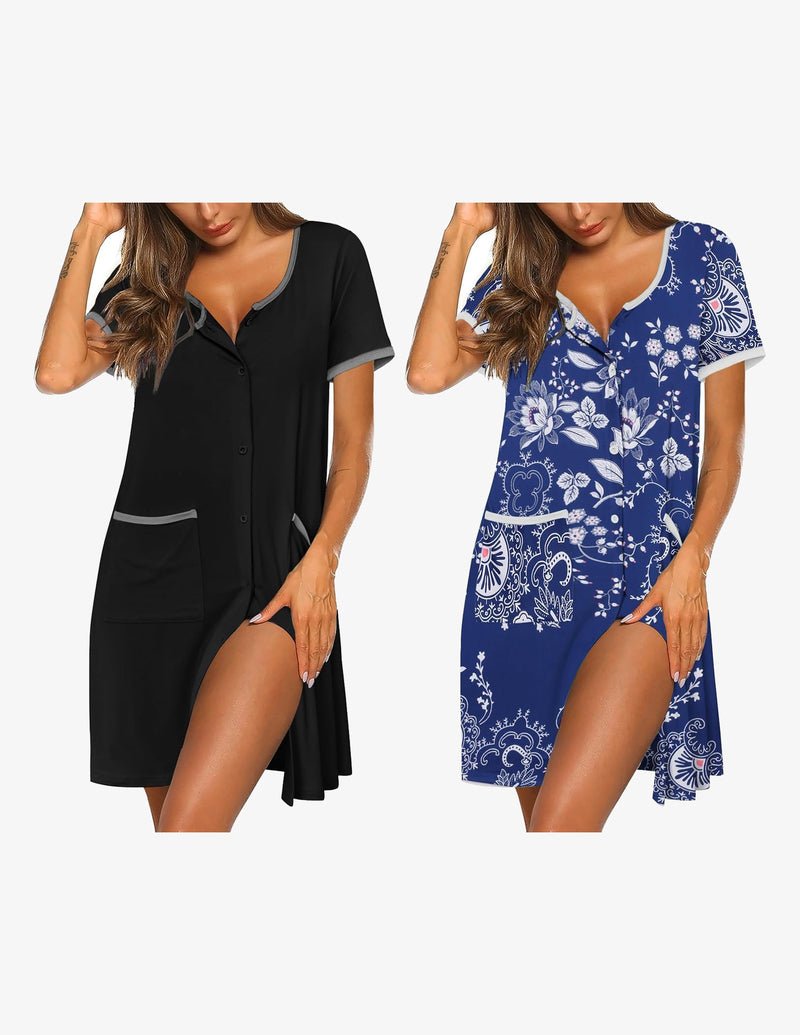 Button-down sleep shirt dress, black with blue floral print and pockets