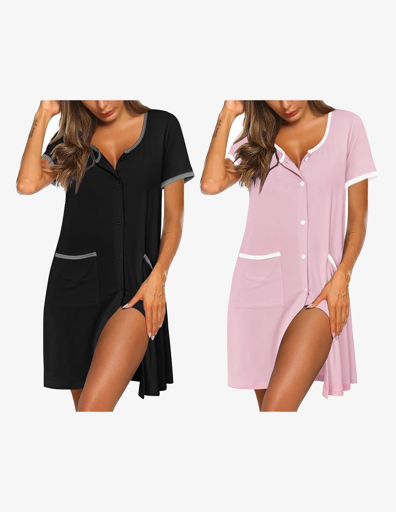 2-pack button-down sleep shirt dress: black and light pink, short sleeves, pocket detail, buttons.