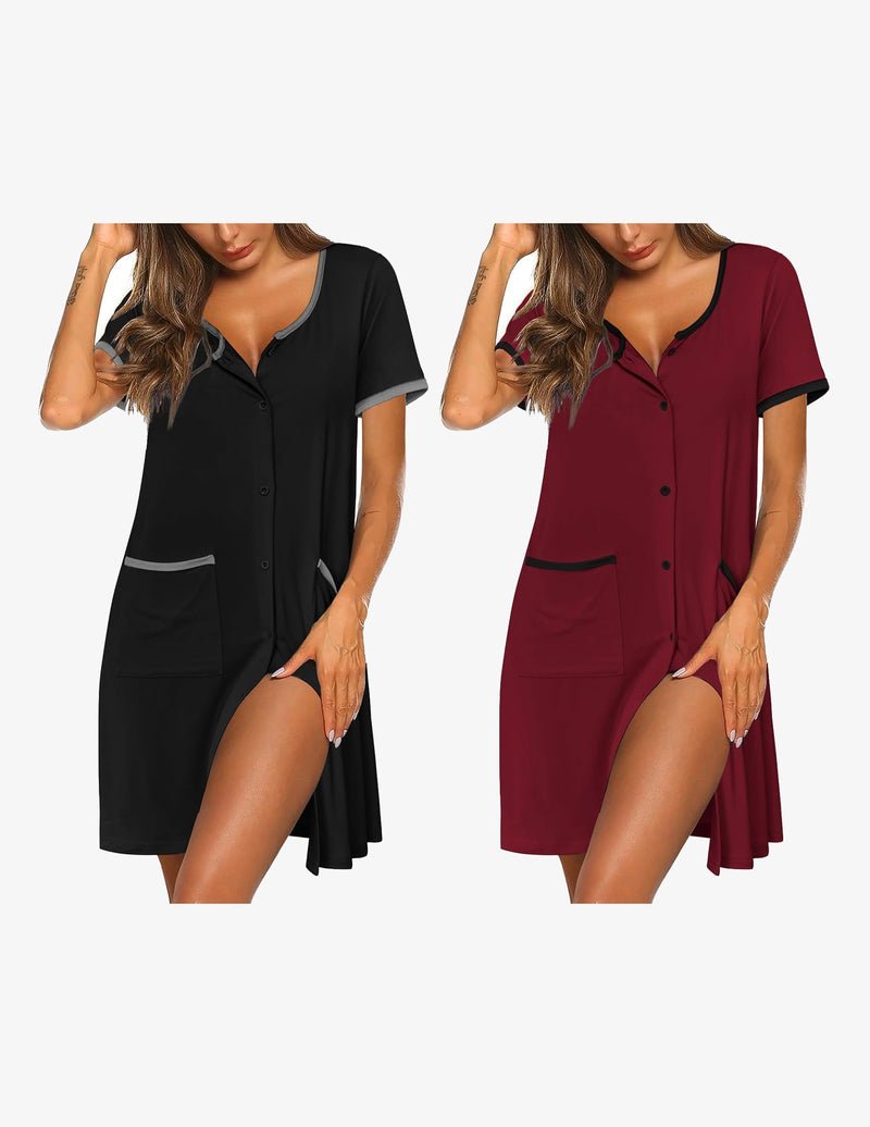 2-pack button-down sleep shirt dress: black and wine red, short sleeves, button front, pockets.