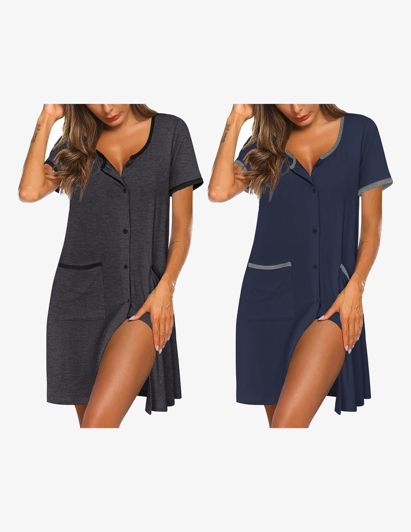 2-pack button-down sleep shirt dress: dark gray and navy blue, short sleeves, button front.