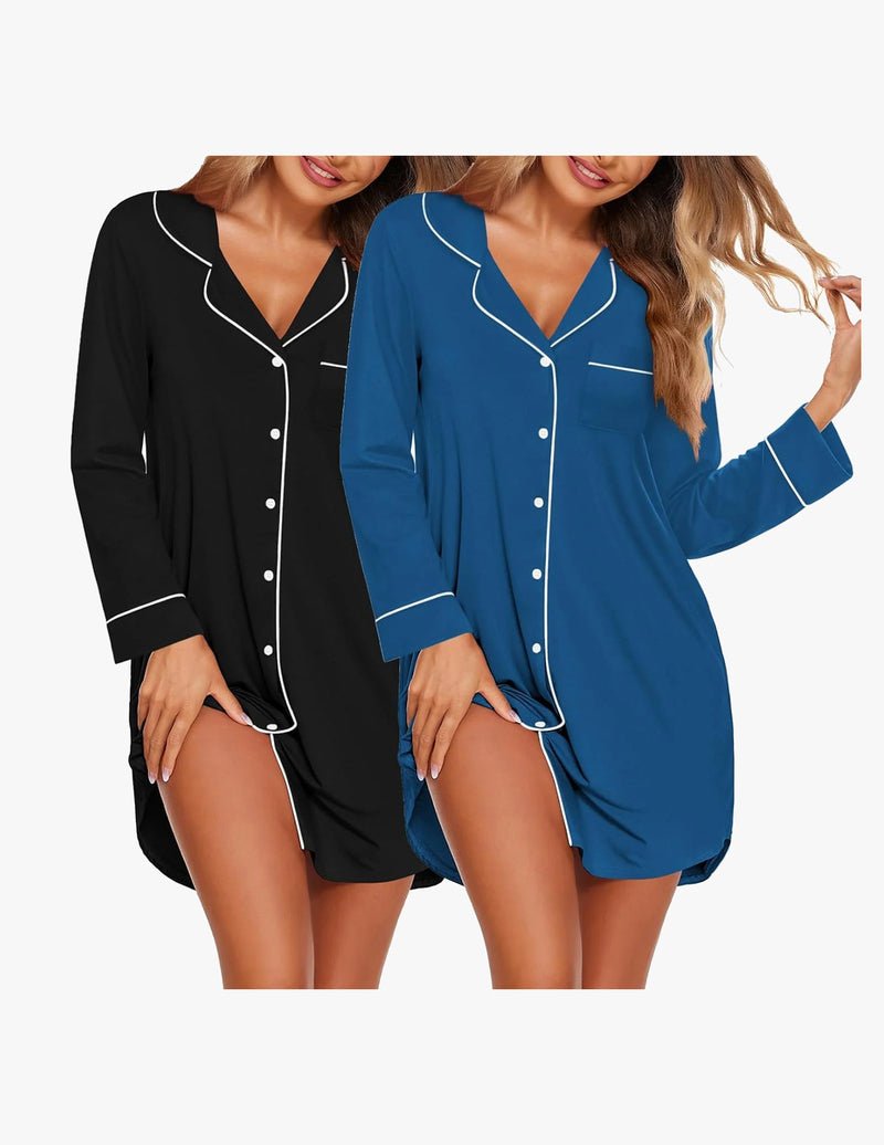 Schlafkleid im 2er-Set, schwarz und blau, V-Ausschnitt, Knopfleiste, Langarm