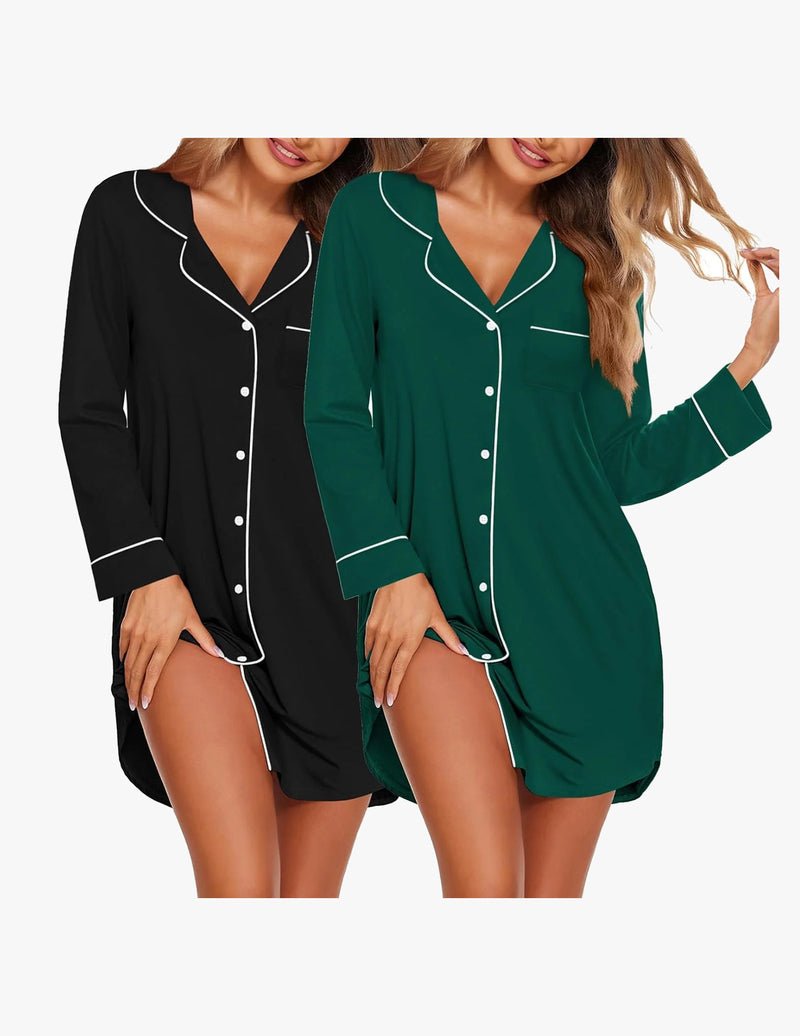 Schlafkleid im 2er-Set, schwarz und dunkelgrün, V-Ausschnitt, Knopfleiste, Langarm