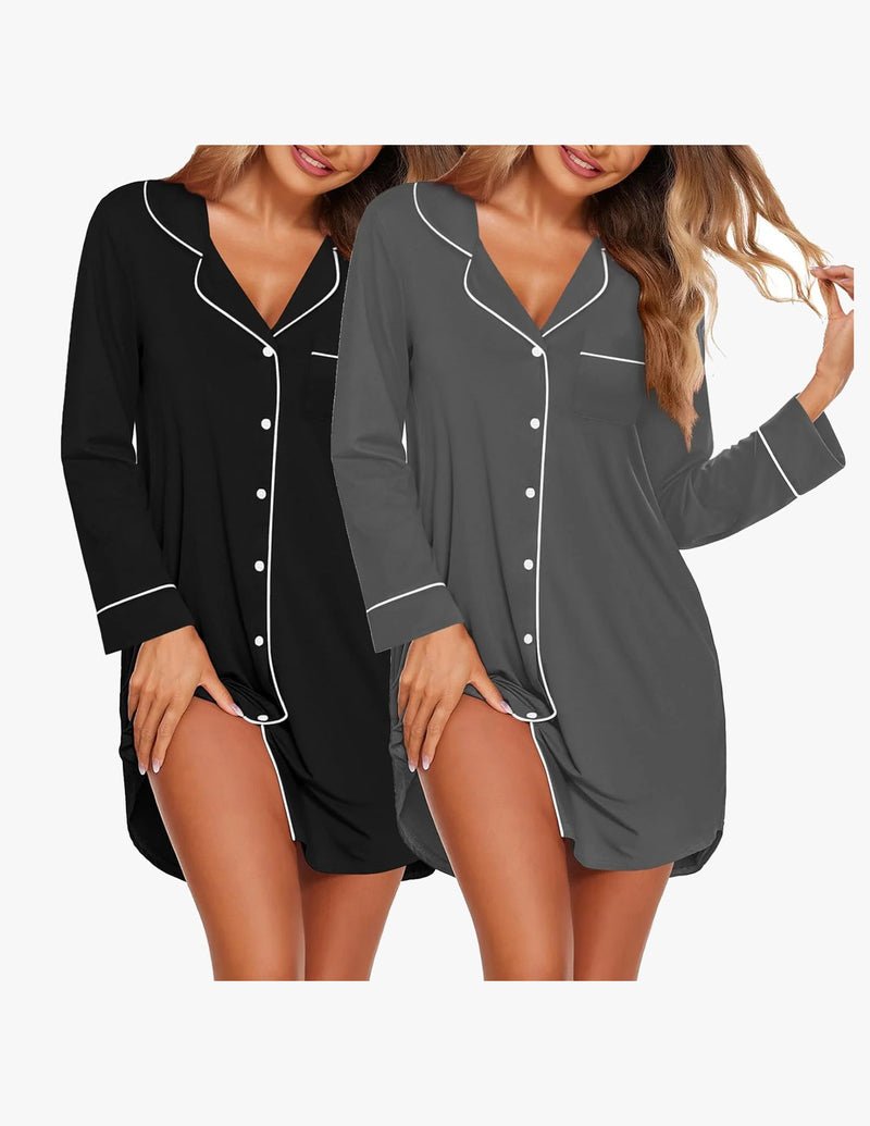 Schlafkleid im 2er-Set, schwarz und dunkelgrau, V-Ausschnitt, Knopfleiste, Langarm