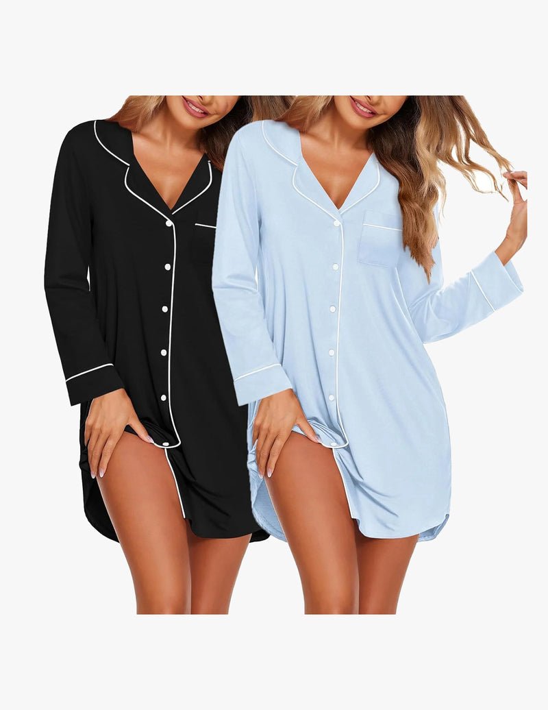 Schlafkleid im 2er-Set, schwarz und hellblau, V-Ausschnitt, Knopfleiste, Langarm