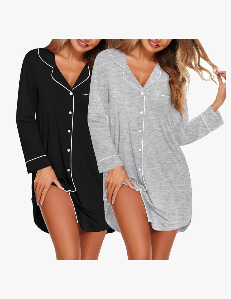 Schlafkleid im 2er-Set, schwarz und hellgrau, V-Ausschnitt, Knopfleiste, Langarm