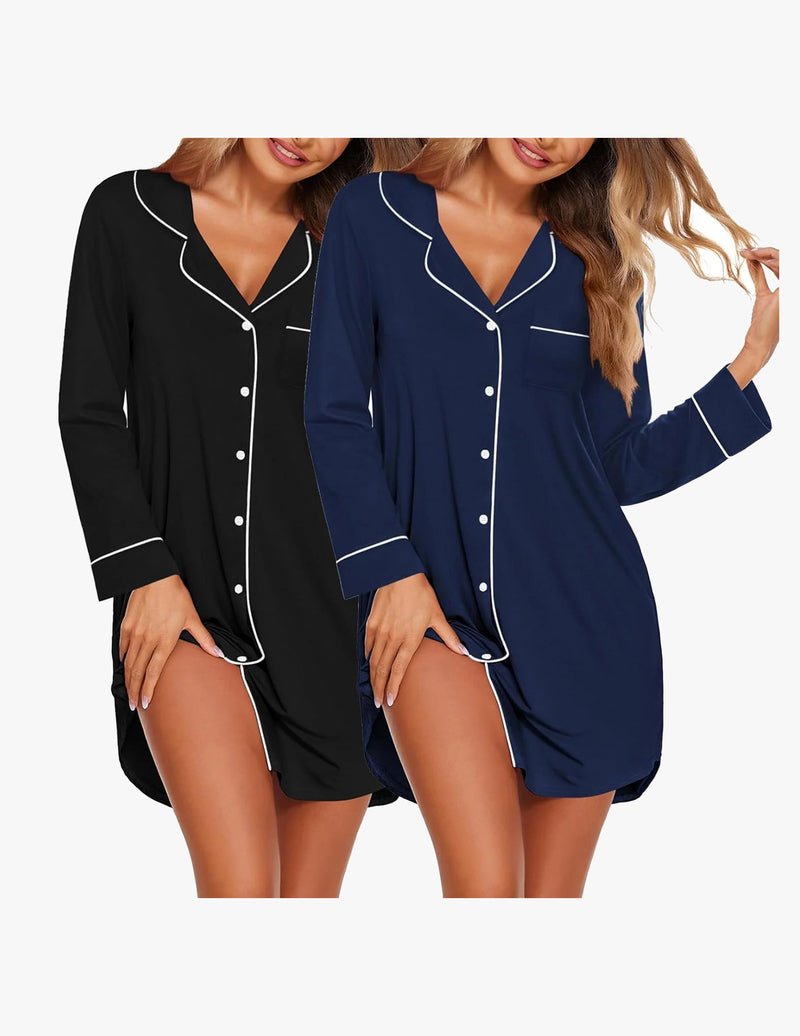 Schlafkleid im 2er-Set, schwarz und dunkelblau, V-Ausschnitt, Knopfleiste, Langarm