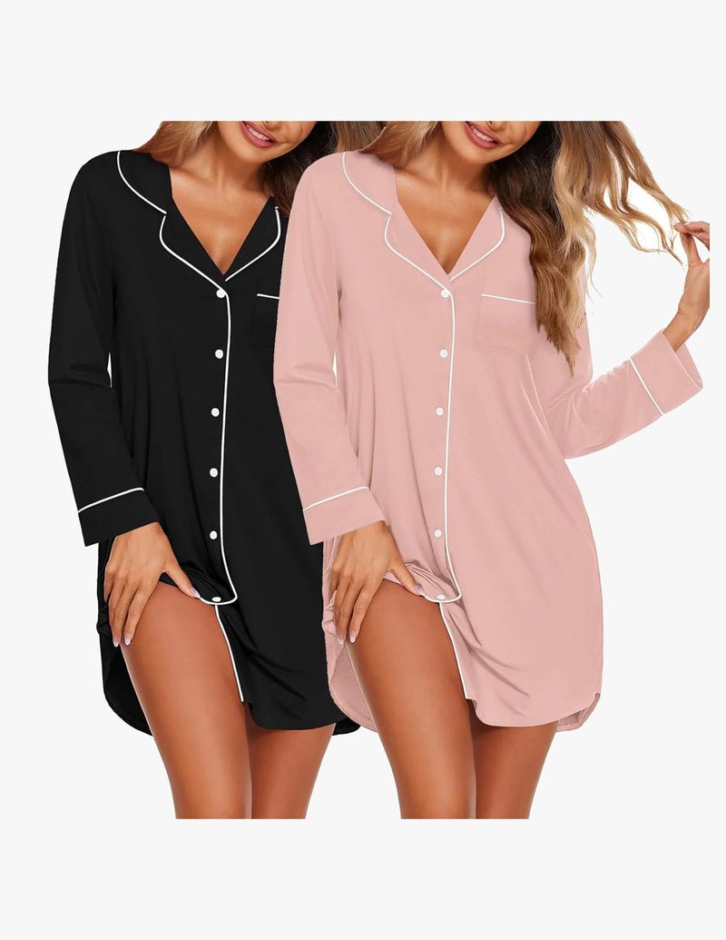 Black and blush pink long-sleeve sleep dress sets, button-front V-neck with contrast trim