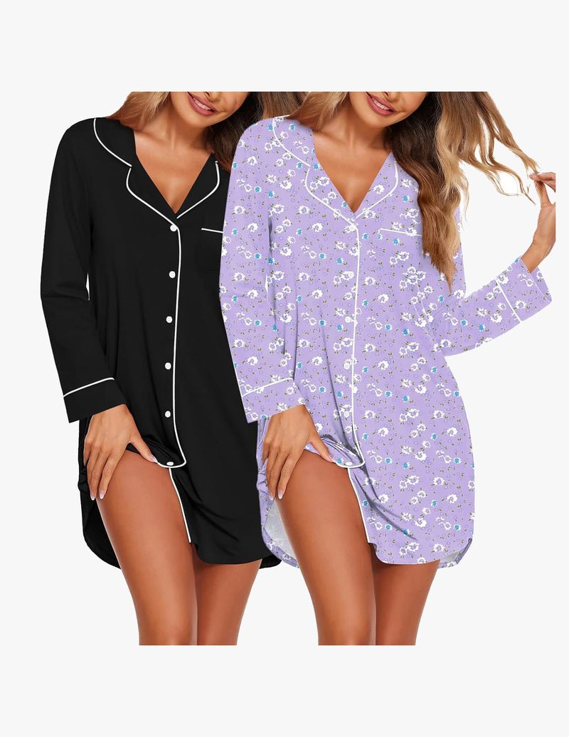 Schlafkleid im 2er-Set, schwarz und fliederfarben mit kleinen Blumen, V-Ausschnitt, Knopfleiste