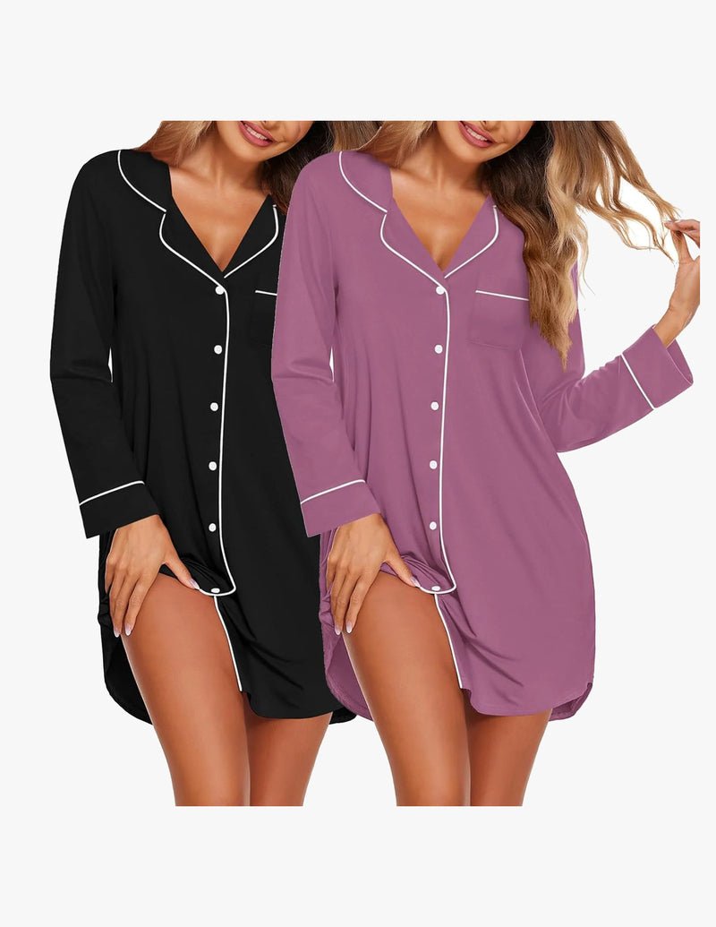 Black and purple long-sleeve sleep dress sets, button-front V-neck with contrast trim