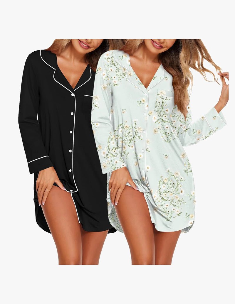 Schlafkleid im 2er-Set, schwarz und helles Minzgrün mit Blumen, V-Ausschnitt, Knopfleiste, Langarm