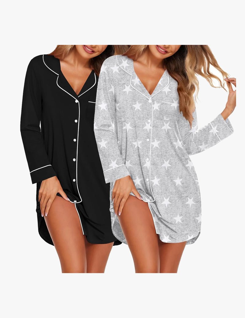 Schlafkleid im 2er-Set, schwarz und hellgrau mit Sternen, V-Ausschnitt, Knopfleiste, Langarm