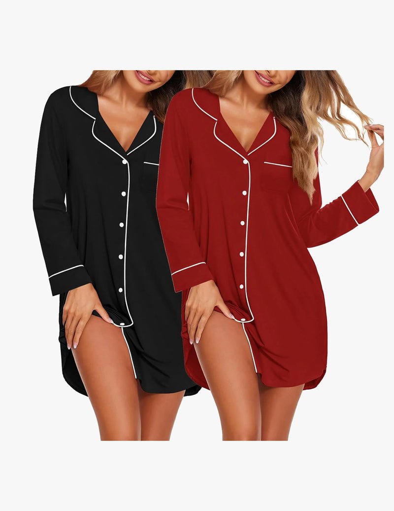 2-pack long-sleeve sleep dress set: black and wine red with white piping and buttons