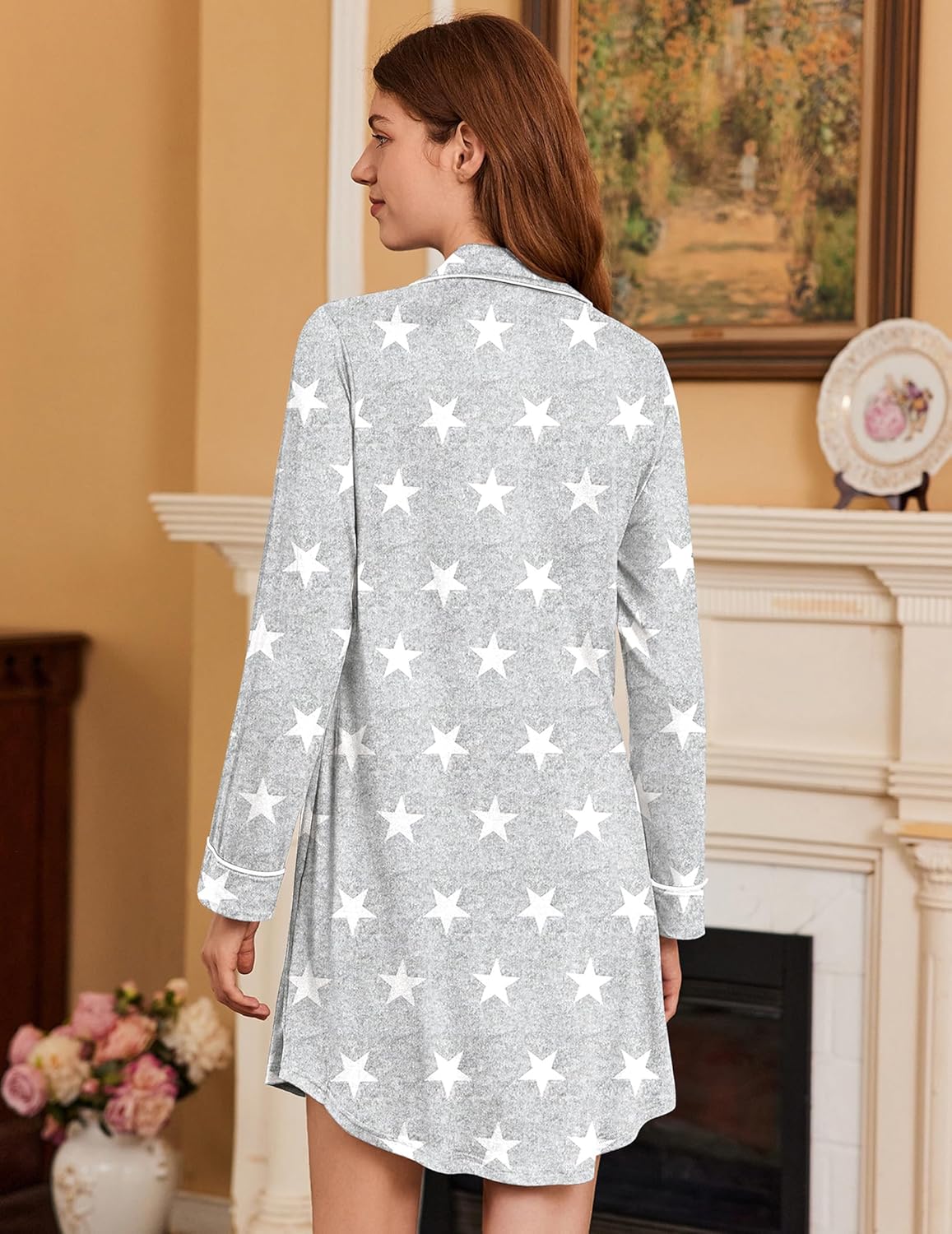 Star-print long-sleeve sleep dress in light gray with button-front placket and white trim