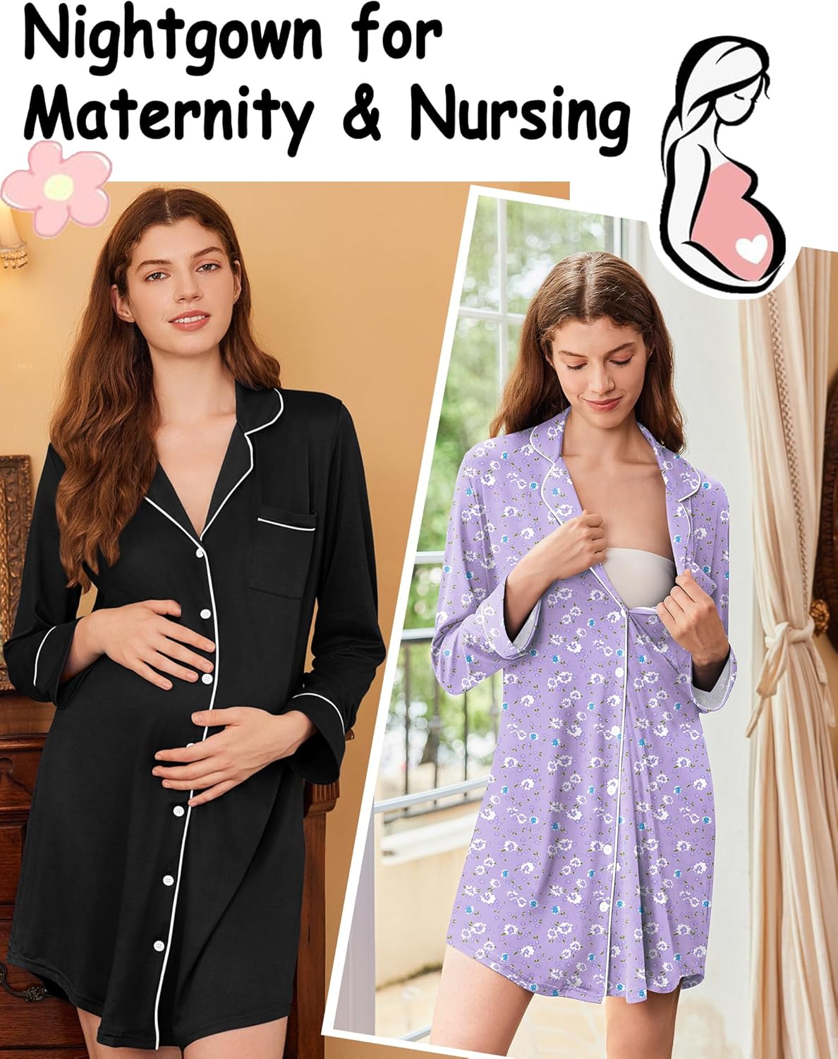Nightgown set for maternity & nursing: black and lilac floral long-sleeve button-front dresses