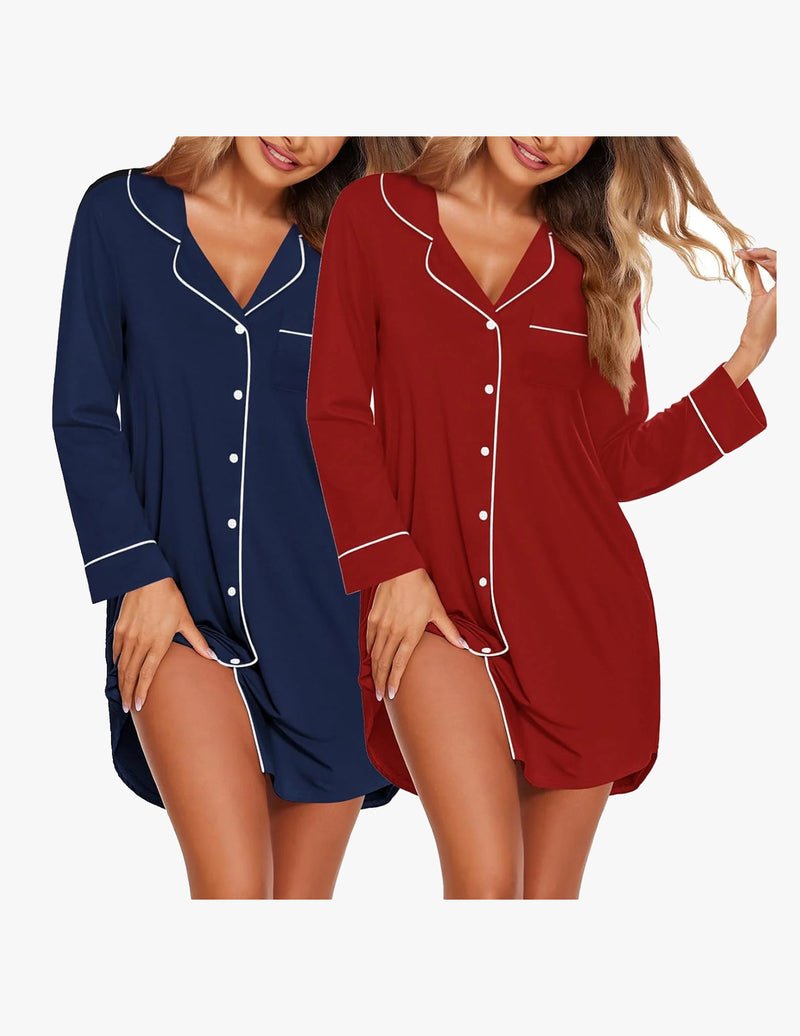 2-pack long-sleeve sleep dress set: navy blue and wine red with white piping and buttons