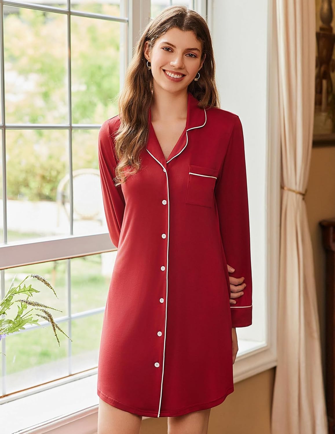 Long-sleeve sleep dress in wine red with button front, contrast white trim, and chest pocket