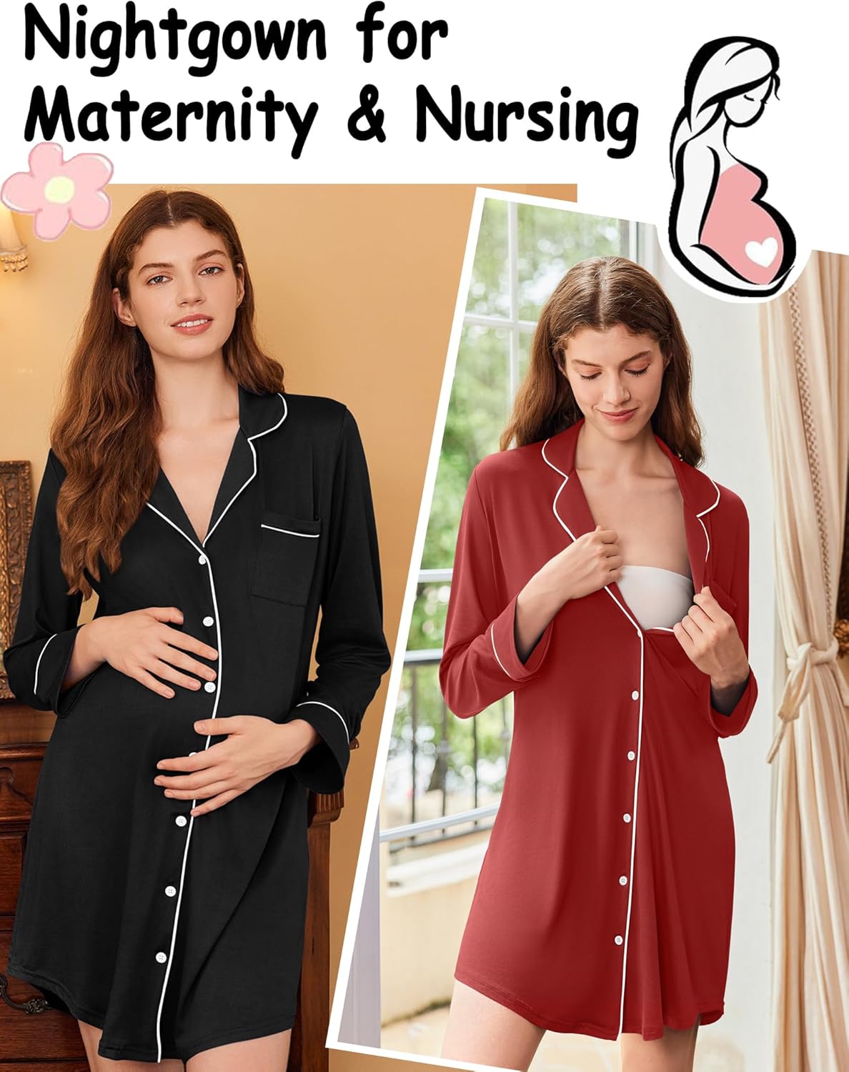 Nightgown set for maternity & nursing: black and wine red long-sleeve button-front dresses