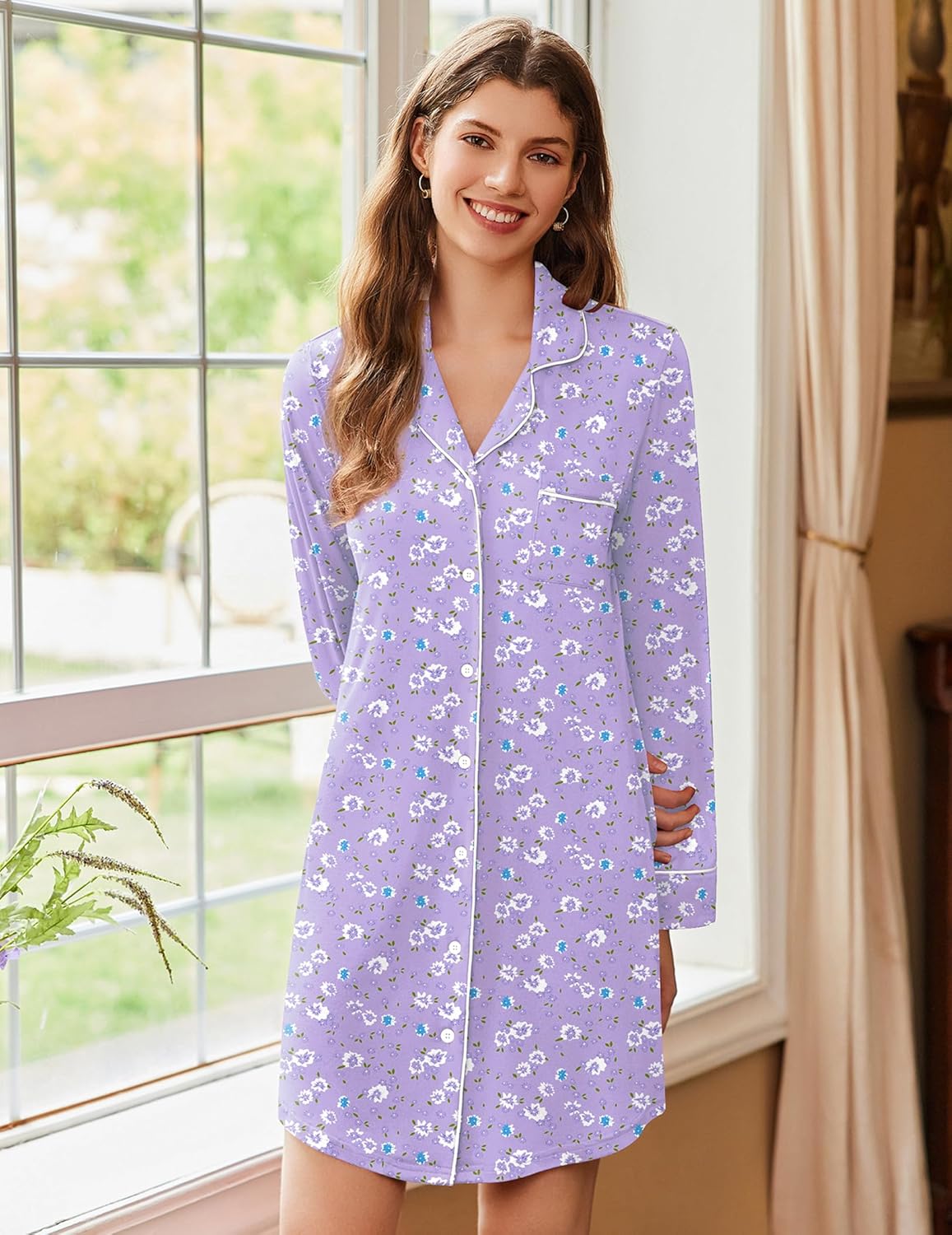 Long-sleeve sleep dress in lilac with allover small floral print, button front, and chest pocket
