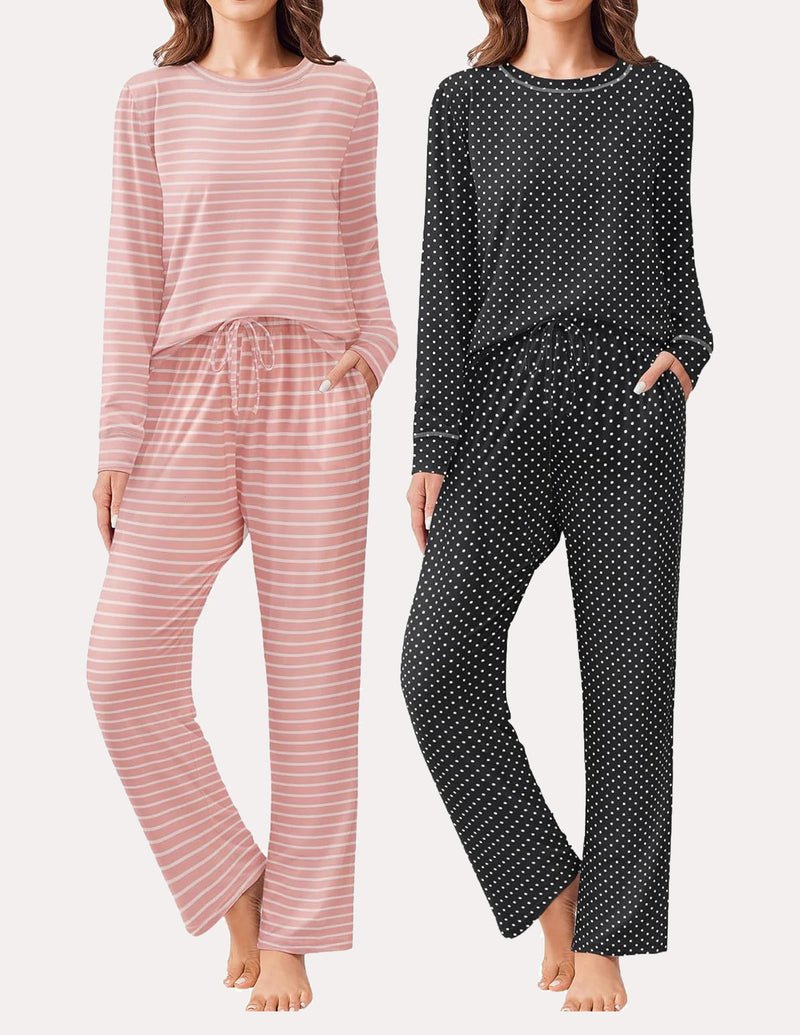 Pink striped or black polka-dot long-sleeve pajama sets with drawstring plaid pants