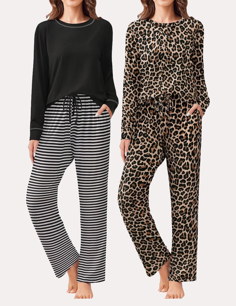 2-pack long-sleeve pajama set: black top with striped pants & leopard print trousers