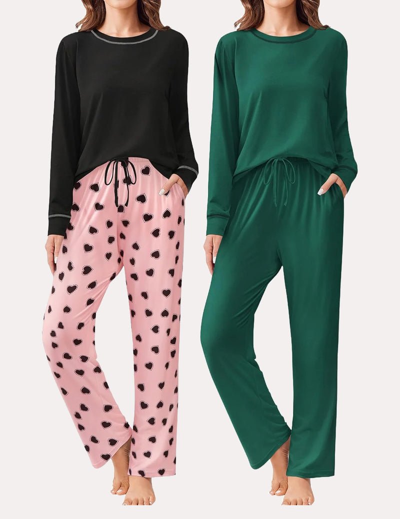 Black or dark green long-sleeve pajama sets with heart-print drawstring pants