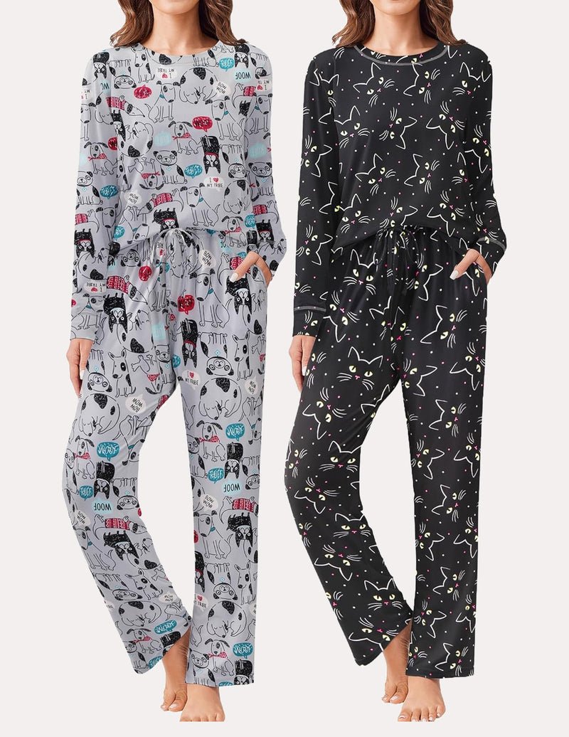 2-pack long-sleeve pajama set: light gray dog/cat print & black cat print trousers