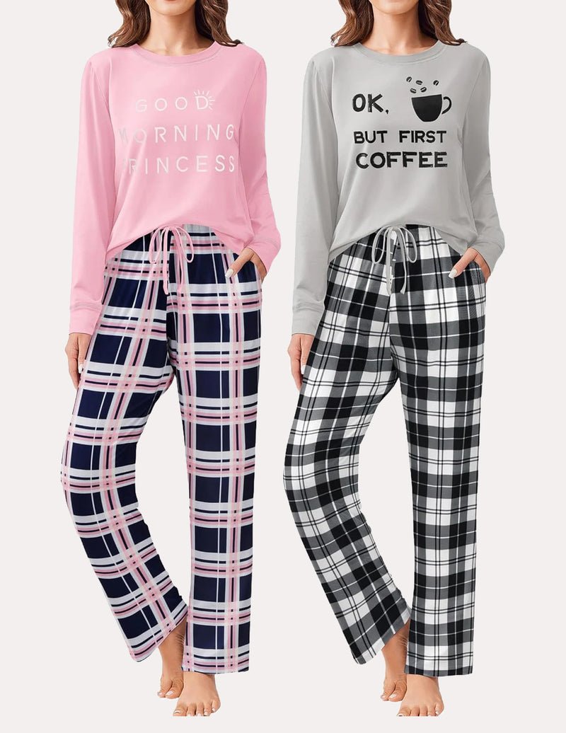 2-pack long-sleeve pajama sets: light pink top with plaid drawstring pants; gray set with coffee text