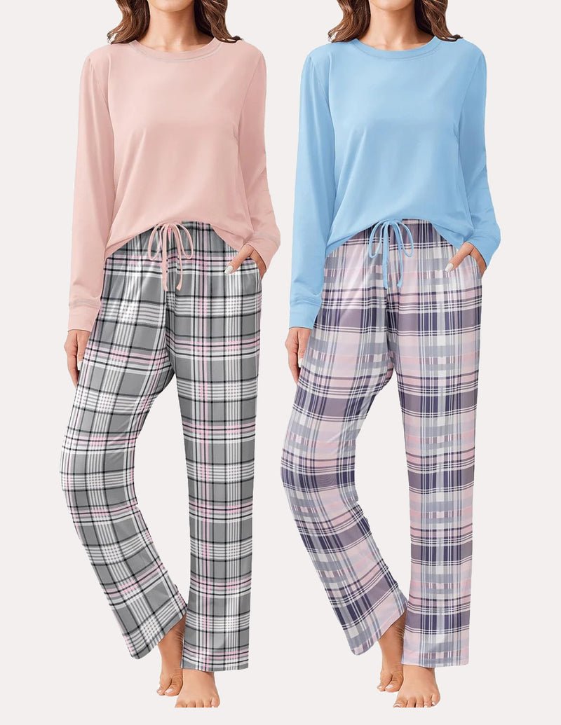 Light pink and light blue long-sleeve pajama sets with plaid drawstring trousers