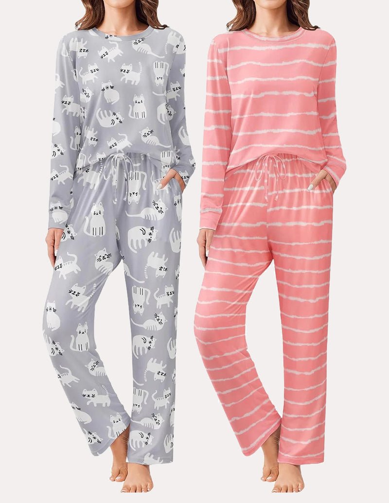 Grey cat-print and pink striped long-sleeve pajama sets with drawstring ankle pants