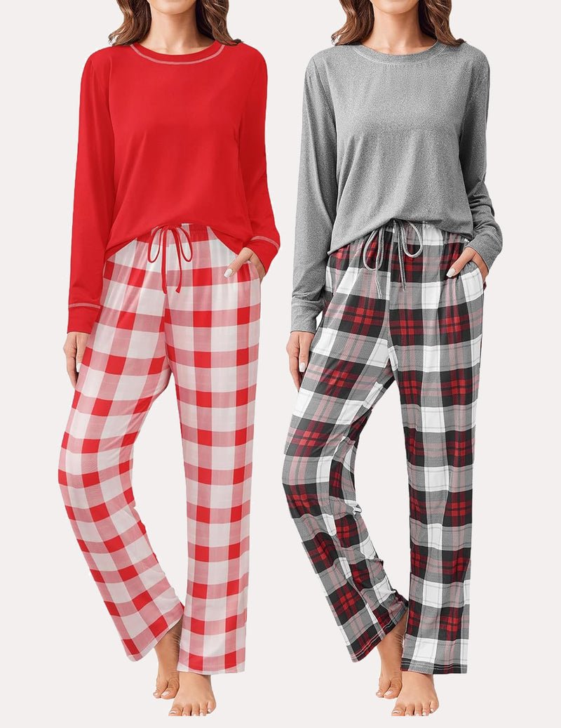 2-pack long-sleeve lounge pajama sets: red solid top with red-and-white plaid pants; gray set shown
