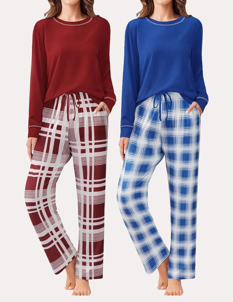 2-pack long-sleeve pajama sets: wine red top with red-and-white plaid pants; blue top with blue plaid