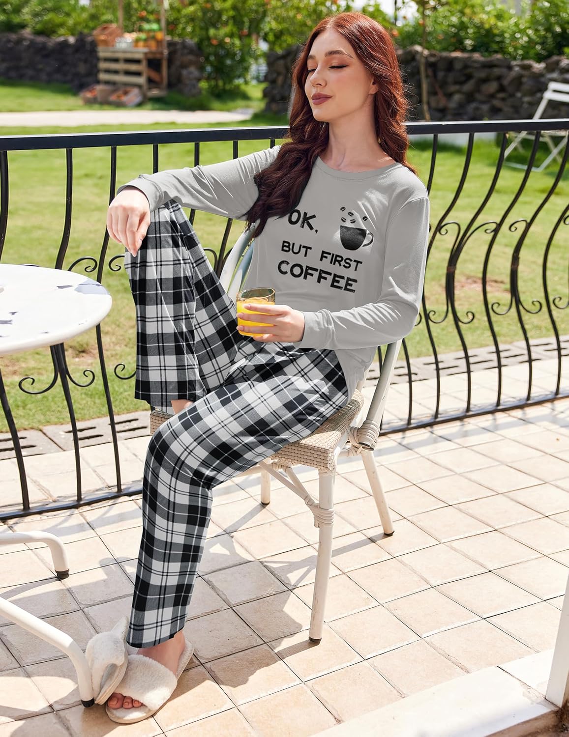 Gray long-sleeve pajama set with black-and-white plaid pants