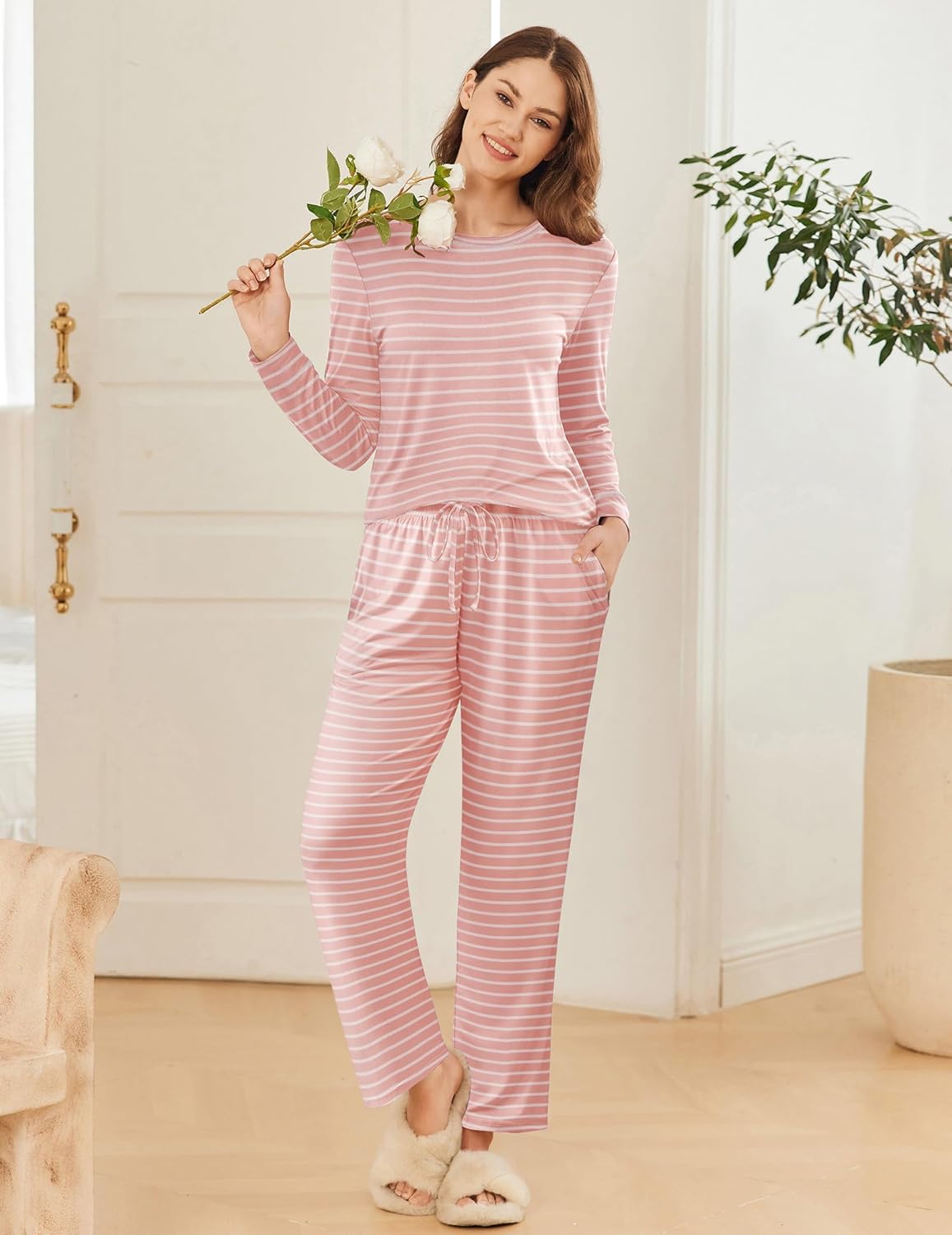 Light pink striped long-sleeve loungewear pajama set with matching pants.
