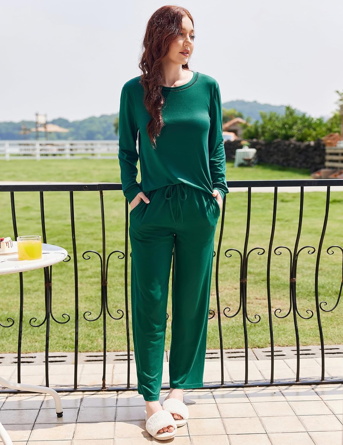 Green long-sleeve lounge set with matching tapered pants and drawstring waist