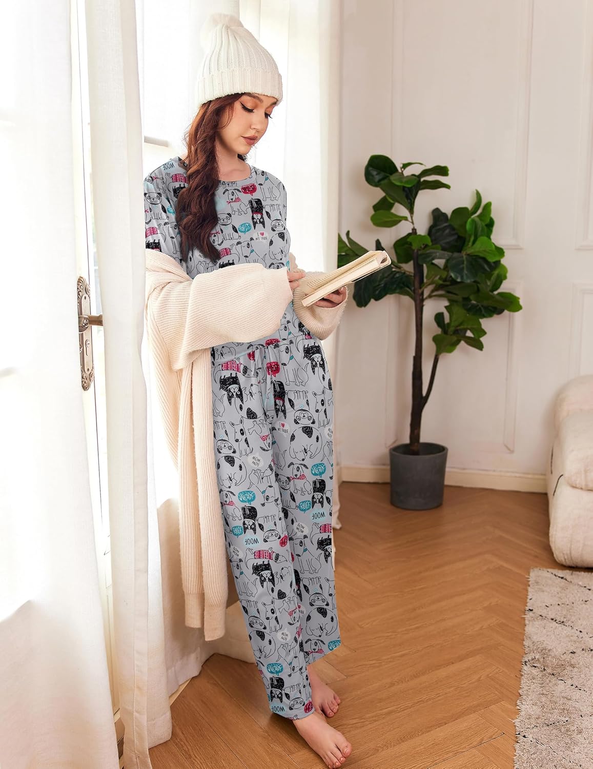 Cat-themed long-sleeve pajama set with matching pants, light gray print design.