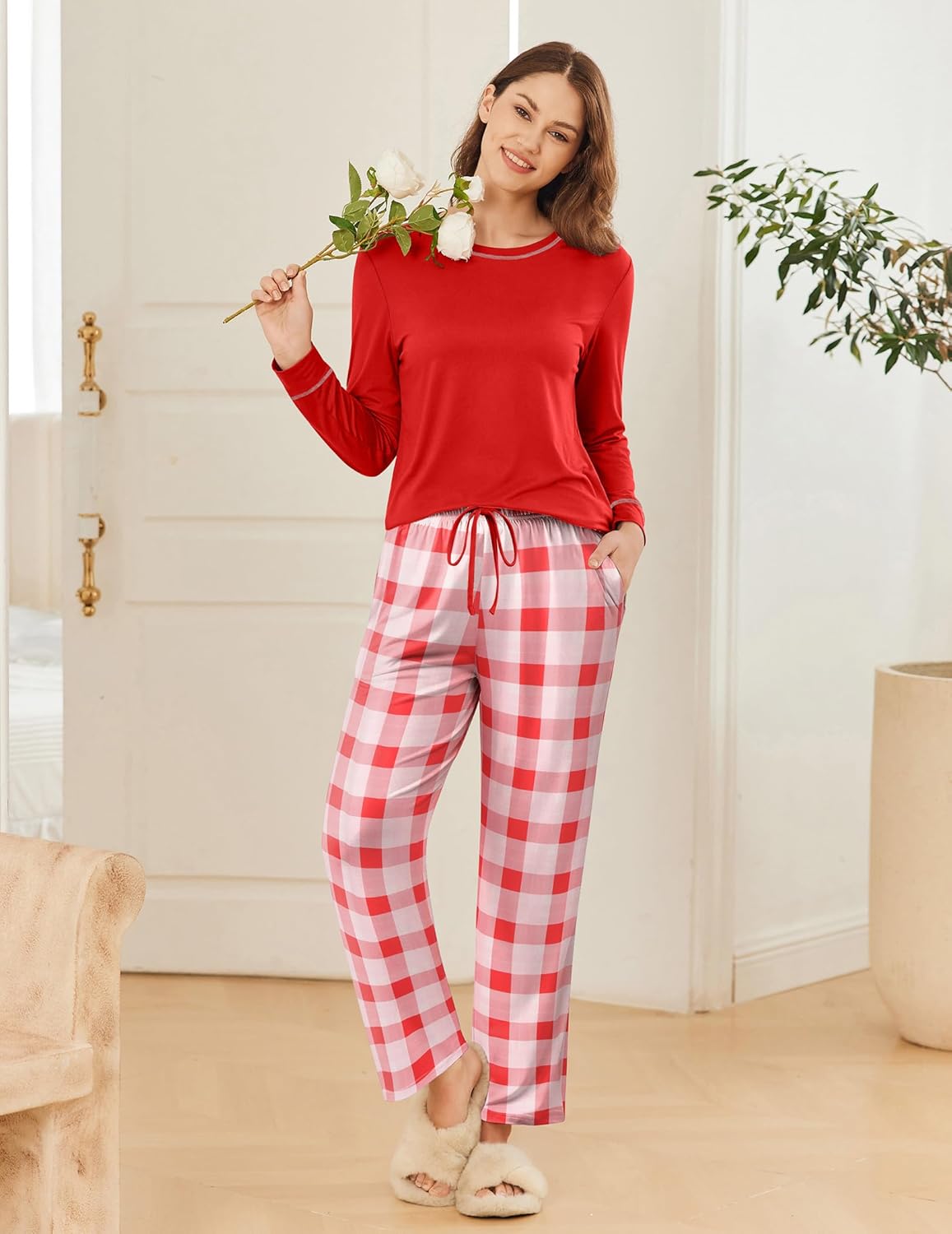 Red long-sleeve pajama top with red-and-white check drawstring lounge trousers