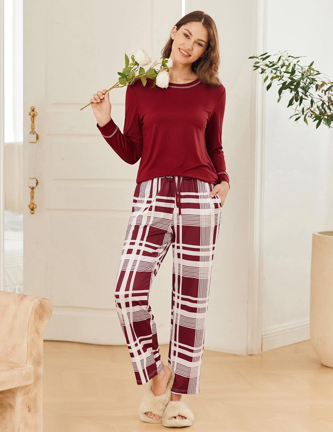 Long-sleeve pajama set: deep red top with red-and-white plaid drawstring pants