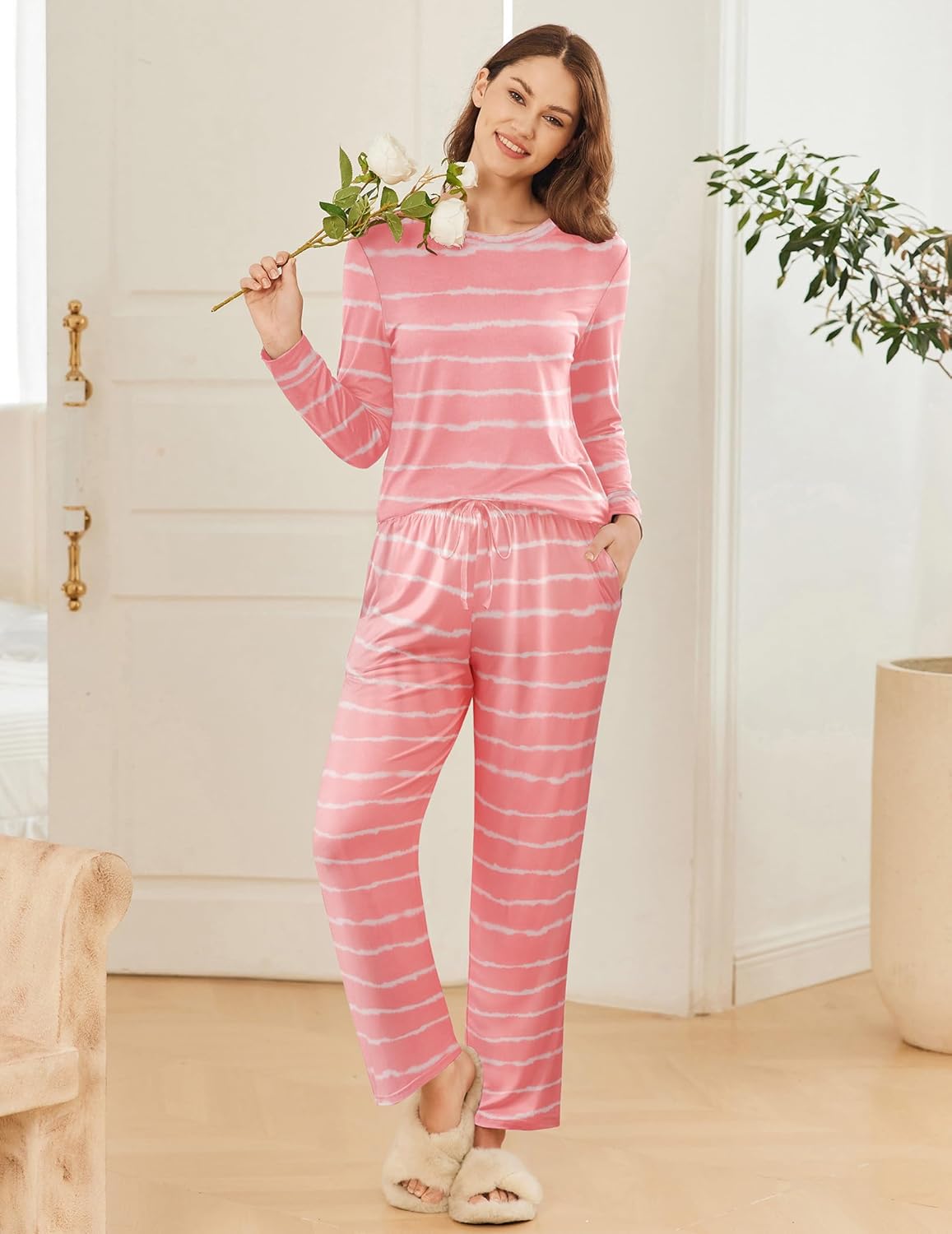 Pink striped long-sleeve pajama set with drawstring pants