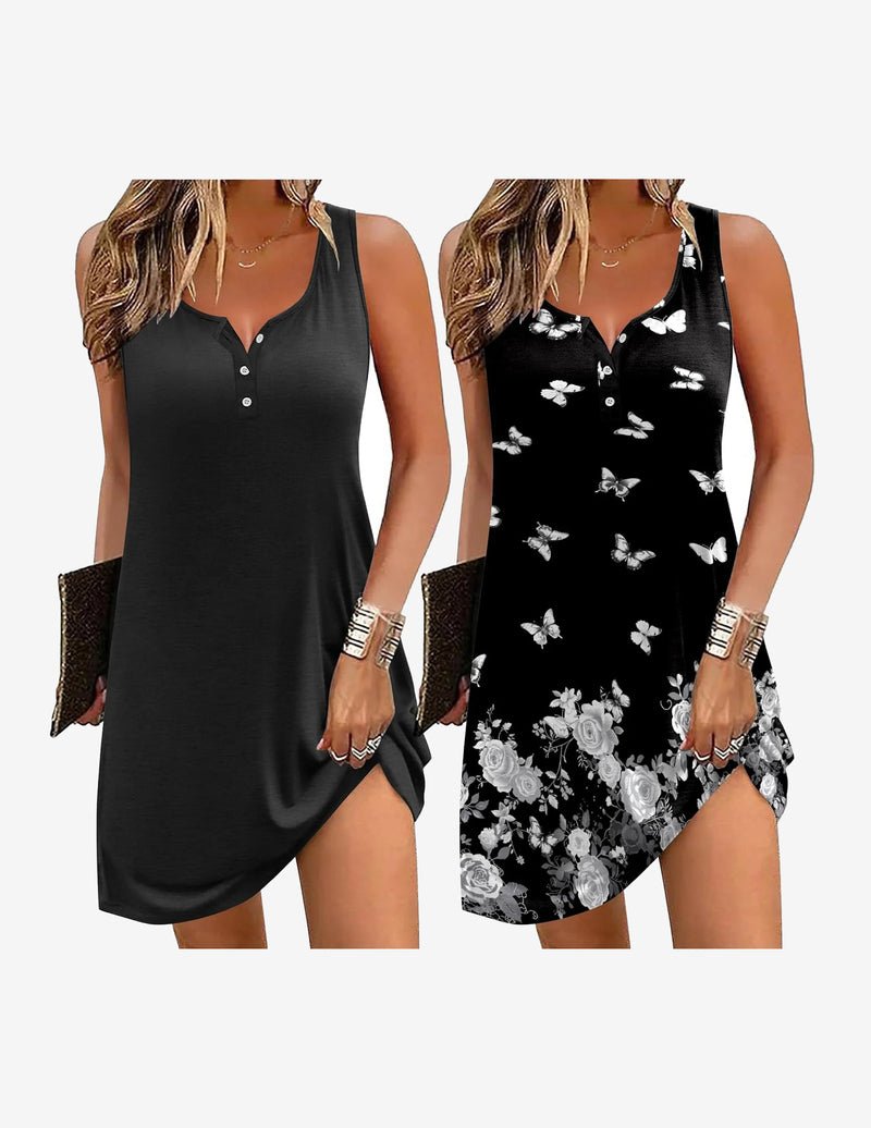 2-pack sleeveless night gowns, black solid and white floral print on dark fabric, button front