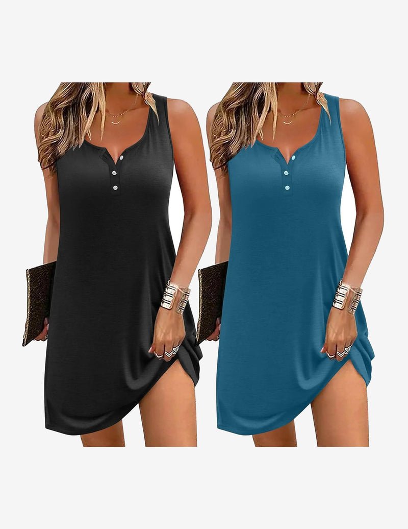 2-pack sleeveless night gowns, black solid and teal plain, button front