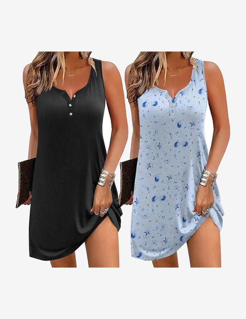 Two sleeveless night gowns: solid black and light blue speckle print with buttons
